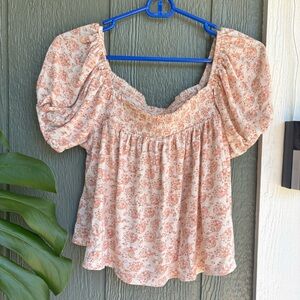 Lucky Brand Smocked Peasant Top Blush Pink Floral Puff Sleeve Off Shoulder - S
